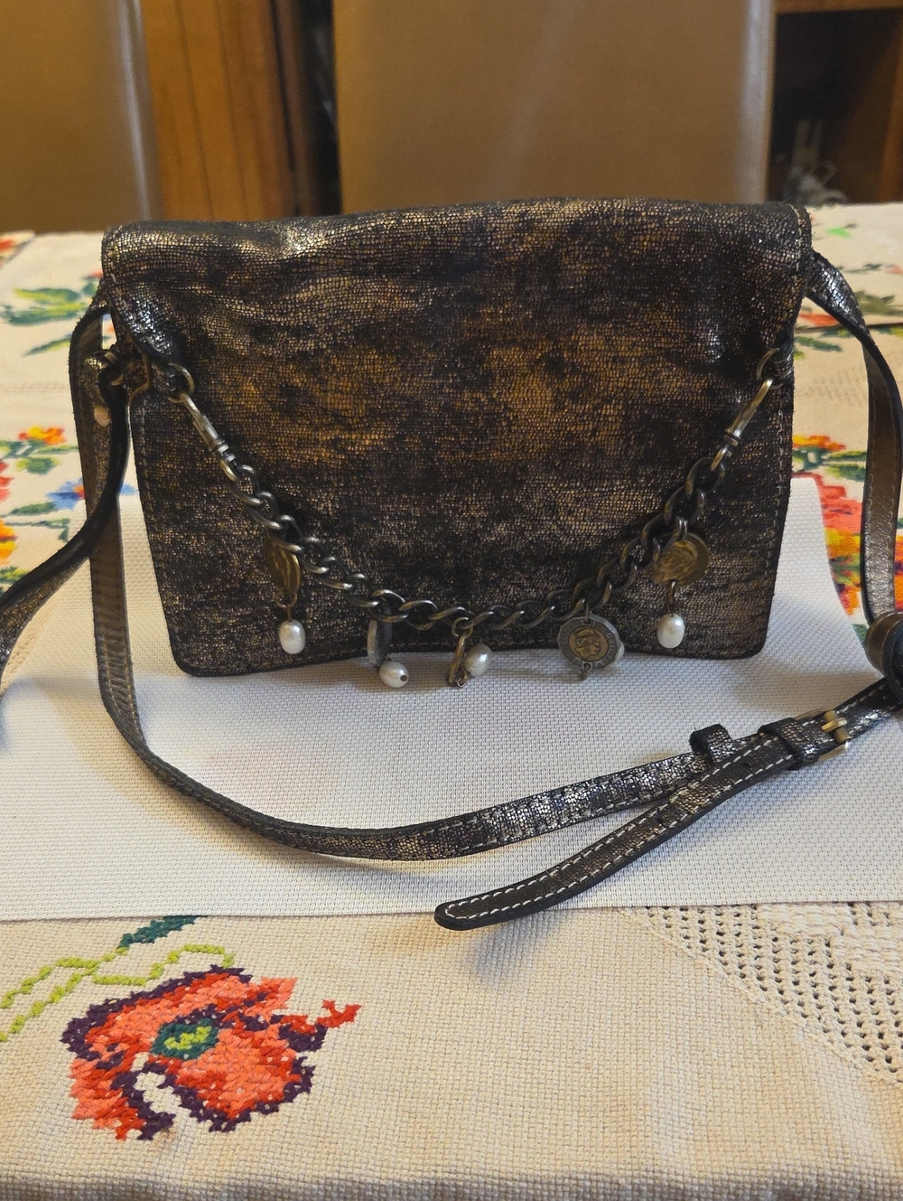 Patricia Nash Metallic Pewter Crossbody Bag with Charm Chain